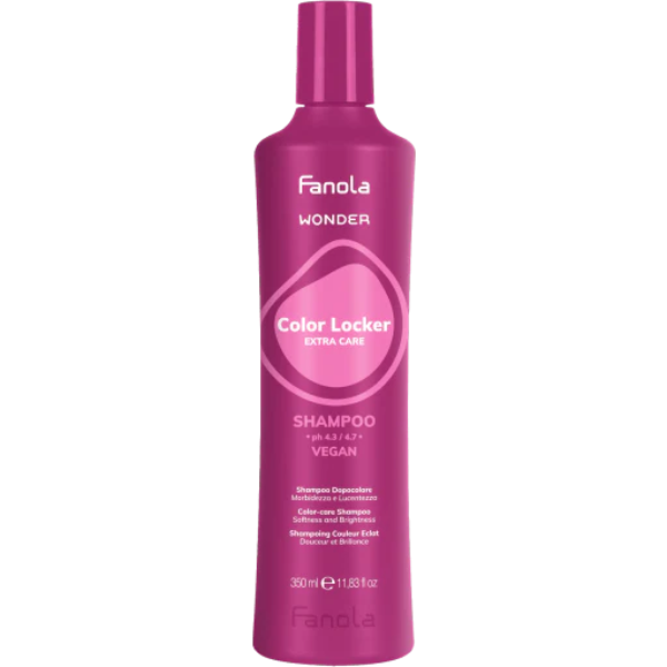 Pink bottle of Fanola Color Locker shampoo on a white background