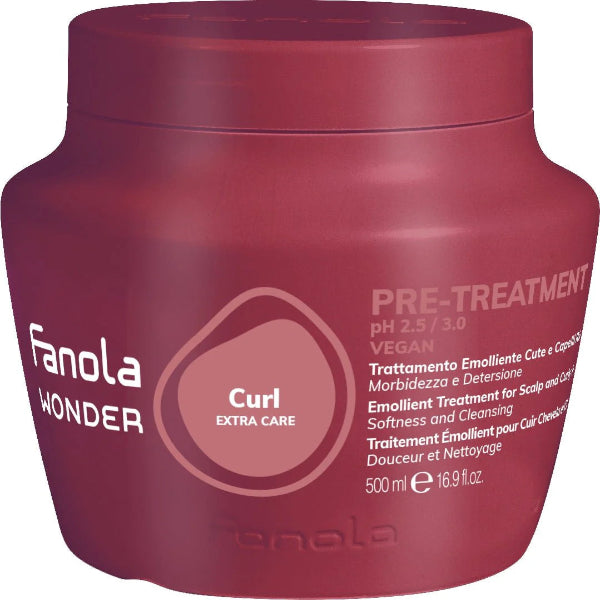 Red jar of Fanola Wonder Curl Extra Care pre-treatment on a white background