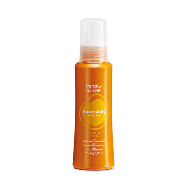 Orange bottle of Fanola Wonder Nourishing Elixir on a white background