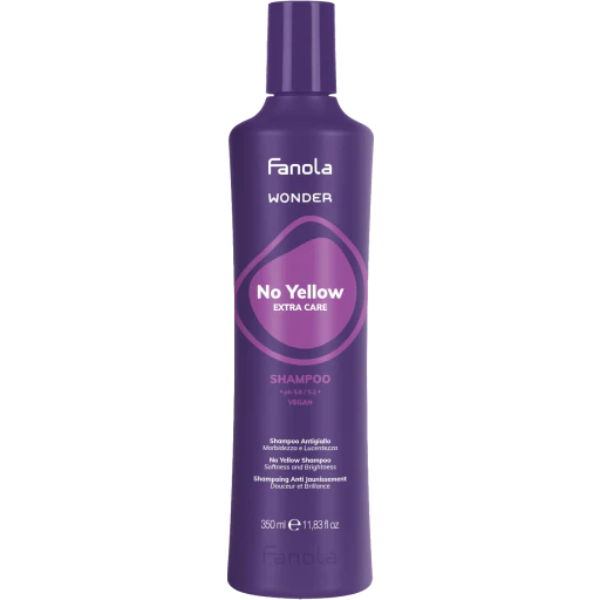 Purple bottle of Fanola No Yellow Extra Care Shampoo on a white background