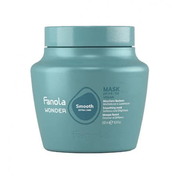 Blue jar of Fanola Wonder Smooth Extra Care hair mask on a white background