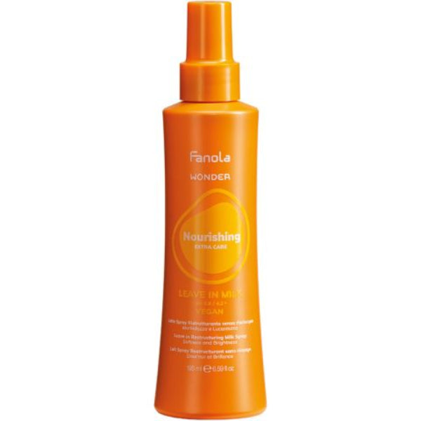 Orange bottle of Fanola Nourishing Leave-In Milk on a white background