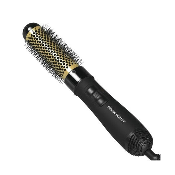 Black and gold hair styling tool with 'Silver Bullet' branding on a white background