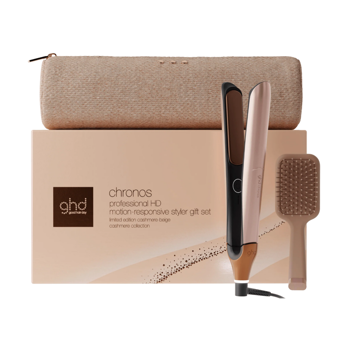 NEW GHD CHRONOS HAIR STRAIGHTENER FESTIVE GIFT SET IN CASHMERE BEIGE