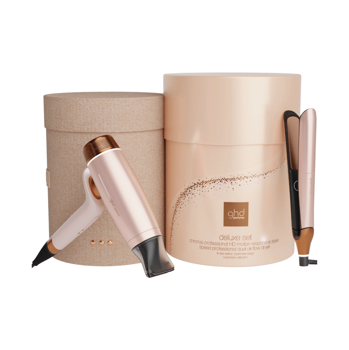 NEW GHD DELUXE HAIR DRYER AND STRAIGHTENER GIFT SET IN CASHMERE BEIGE
