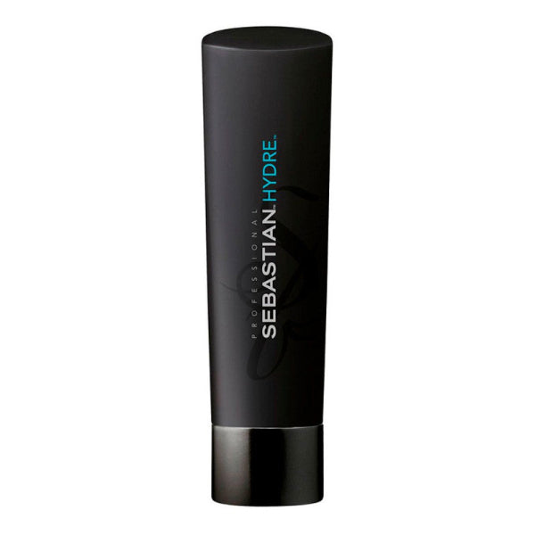 Black bottle of Sebastian Hydre hair product on a white background