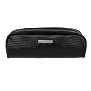 Black toiletry bag with mesh side on a white background