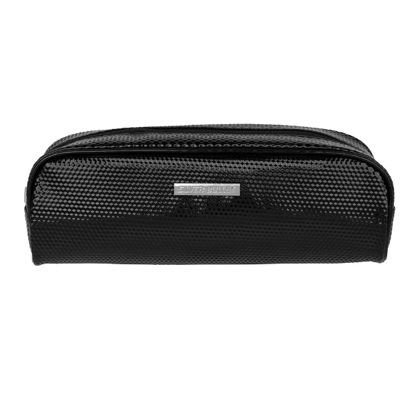 Black toiletry bag with mesh side on a white background