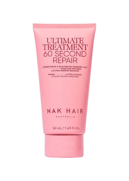 Pink tube of NAK Hair Ultimate Treatment 60 Second Repair on a white background
