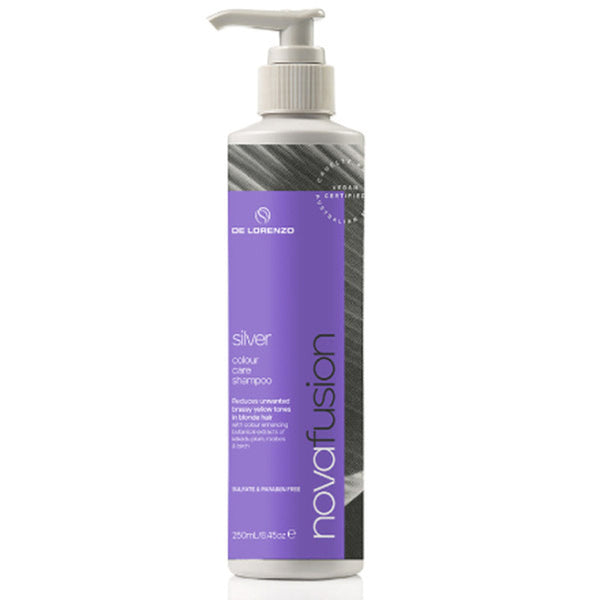 Novafusion silver color care shampoo bottle on a white background