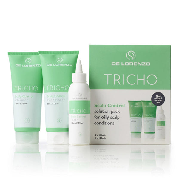 De Lorenzo Tricho scalp control solution pack with bottles and a box on a white background