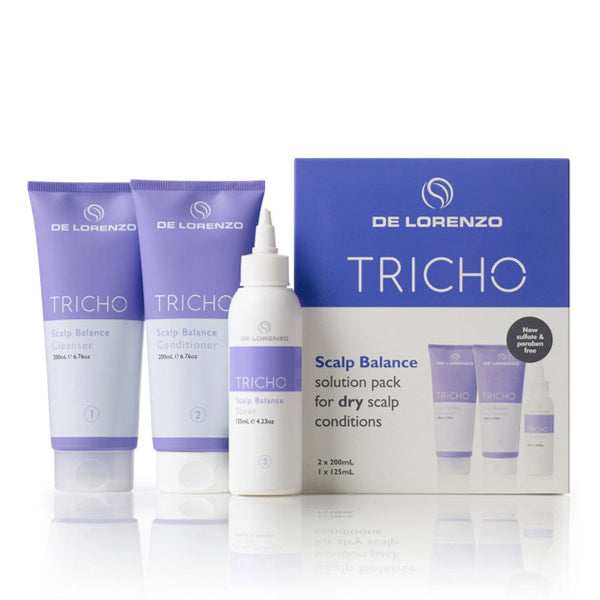De Lorenzo Tricho scalp care product set on a white background