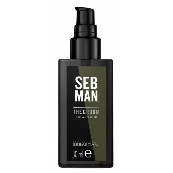 Seb Man hair and beard oil bottle on a white background