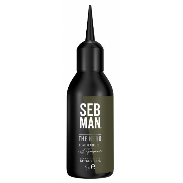 Black bottle of Seb Man The Hero gel on a white background