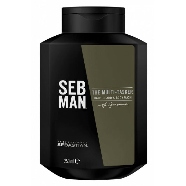 Seb Man hair, beard, and body wash bottle on a white background