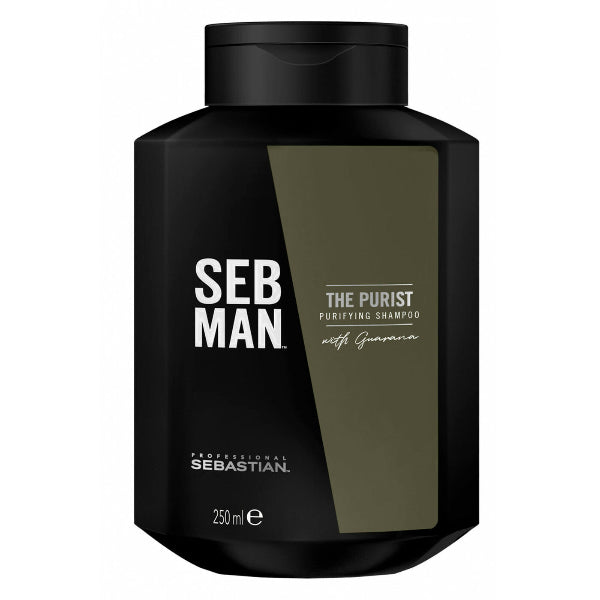 Black shampoo bottle labeled 'SEB MAN' on a white background