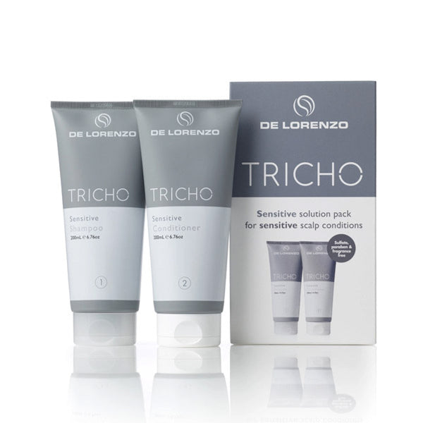 De Lorenzo Tricho sensitive solution pack with two shampoo bottles and a box on a white background
