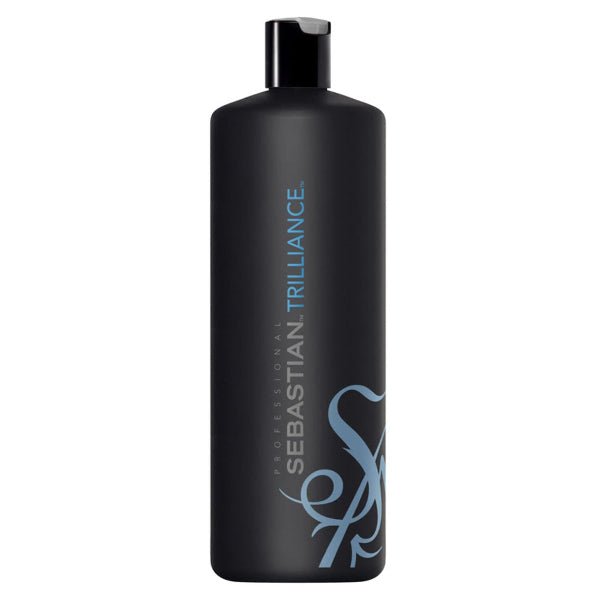 Black bottle of Sebastian Trilliance hair product on a white background