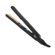 Black hair straightener with gold accents on a white background