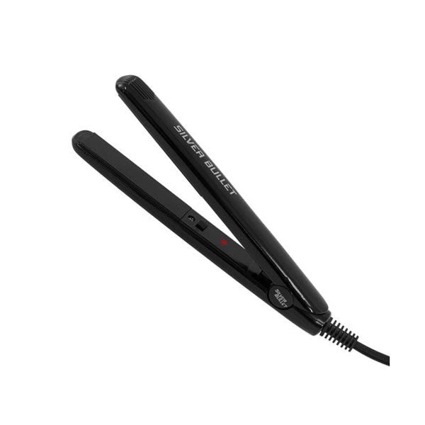 Black hair straightener with 'Silver Bullet' branding on a white background