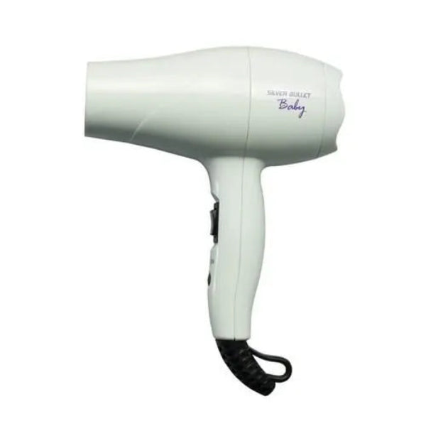 White hair dryer with 'Silver Bullet' branding on a white background