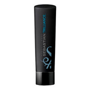 Black hair product tube with blue text and logo on a white background