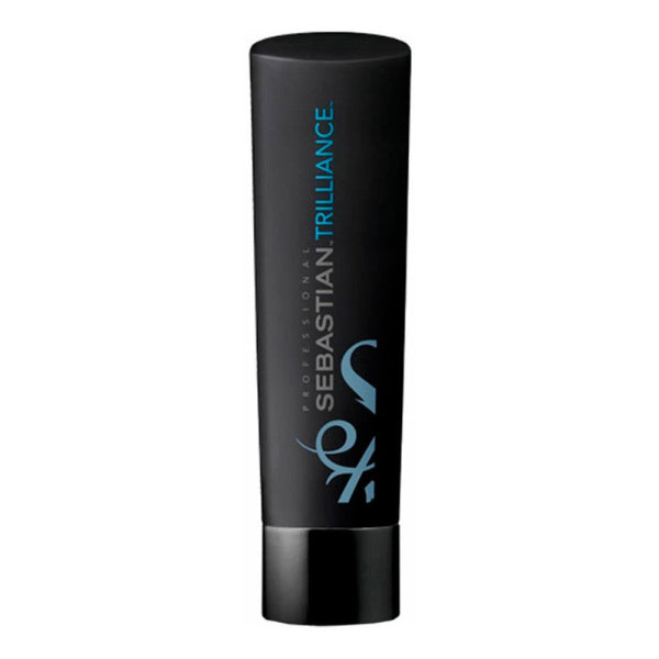 Black hair product tube with blue text and logo on a white background
