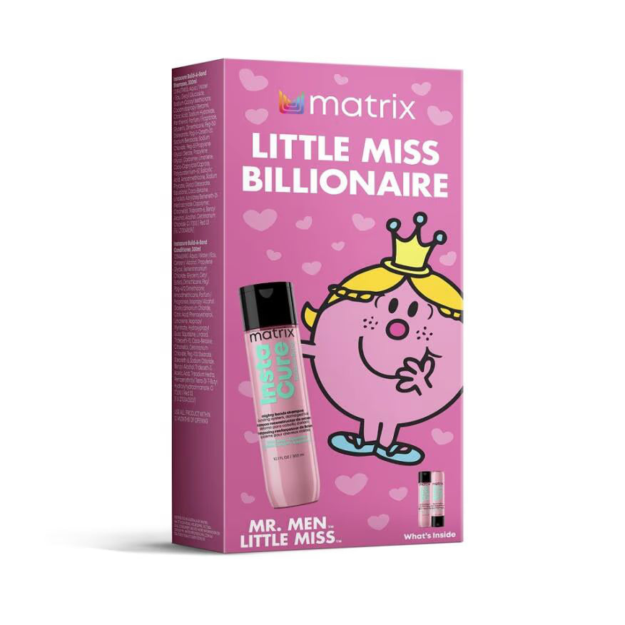 Pink packaging of Matrix Little Miss Billionaire with cartoon character and product on a white background