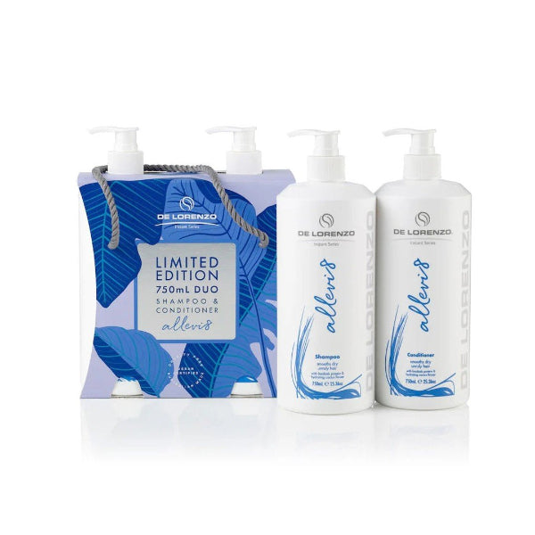 De Lorenzo shampoo and conditioner bottles with packaging on a white background