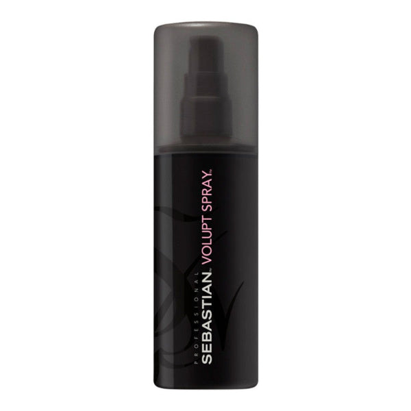 Black hair spray bottle with 'Sebastian' branding on a white background